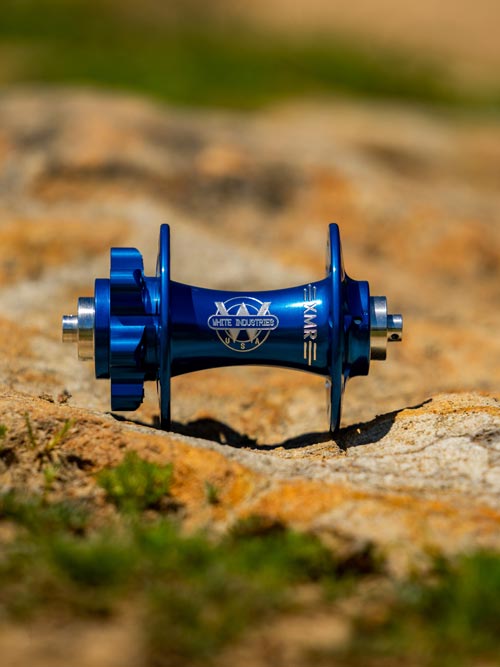 blue hub on rocky ground